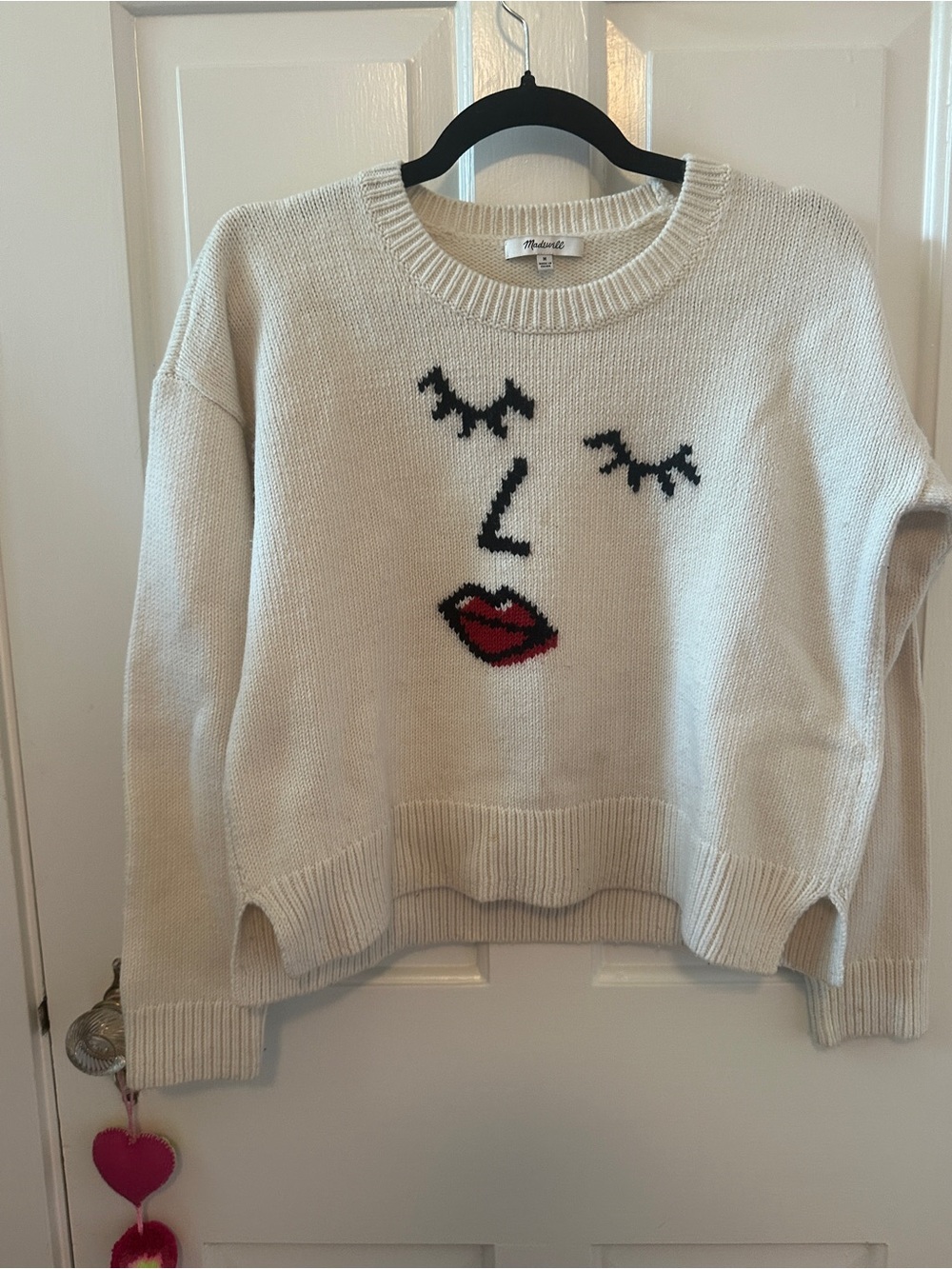 Madewell Cream Knit Sweater with Black Face Motif and Red Lips